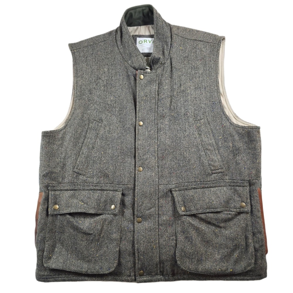 Orvis Shooting Vest Men 2XL Grey Herringbone Wool Leather Trim Primaloft Vintage